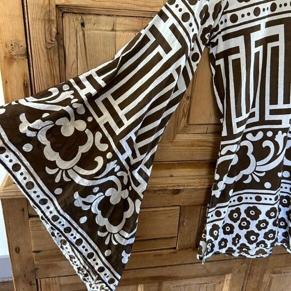 Virginia Witbeck Medium‎ Brown White Blouse V-Neck Floral Geometric - Picture 5 of 10